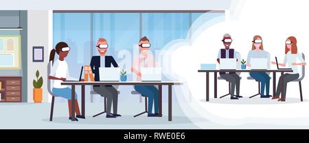 businesspeople conference meeting wearing digital glasses virtual reality mix race people online training brainstorming headset vision concept office Stock Vector