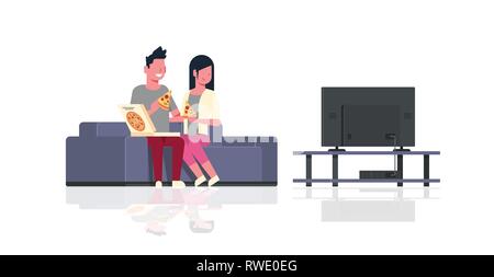 happy couple eating pizza man woman watching tv sitting on couch holiday relax concept male female cartoon characters full length flat horizontal Stock Vector