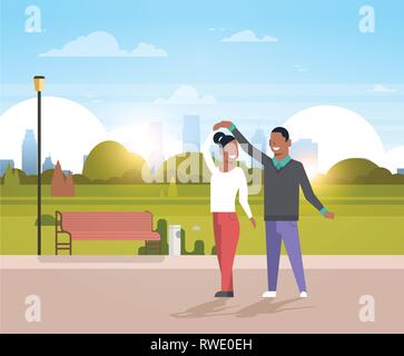 couple dancing together african american man woman having fun city urban park cityscape background happy lovers male female cartoon characters full Stock Vector