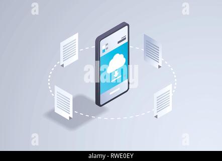 online downloading mobile application computing cloud synchronization concept network sync document storage 3d isometric smartphone screen horizontal Stock Vector