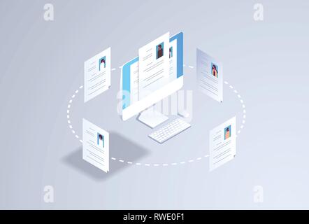 curriculum vitae recruitment candidate job position hr personnel hiring concept cv resume profile on computer monitor screen 3d isometric flat Stock Vector