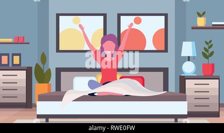 woman stretching arms waking up in the morning girl sitting on bed after getting up satisfaction concept modern apartment bedroom interior flat Stock Vector