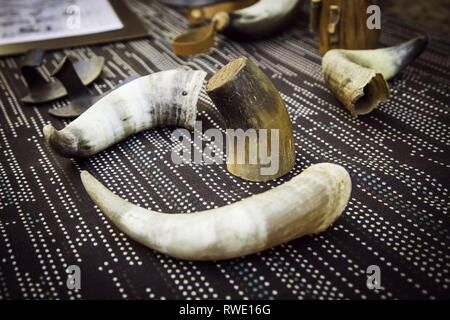 Medieval horns prepared and decorated, ancient viking tradition Stock Photo