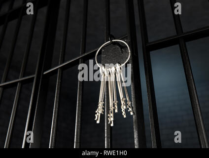 A closeup of the lock of a  jail cell with iron bars and a bunch of key in the locking mechanism with the door open - 3D render Stock Photo