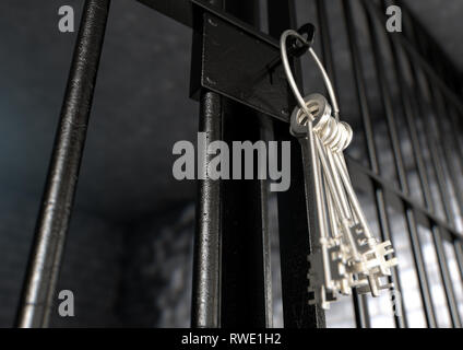 A closeup of the lock of a  jail cell with iron bars and a bunch of key in the locking mechanism with the door open - 3D render Stock Photo