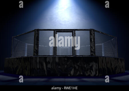 A 3D render of an MMA fight cage arena dressed in black padding spotlit by a single light on an isolated dark background - 3D render Stock Photo