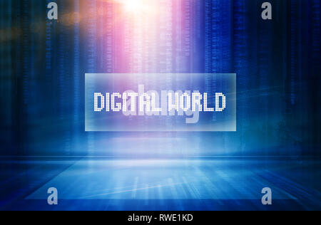 Graphical abstract digital world text background, binary codes coming down from top edge to ground. 3d illustration Stock Photo