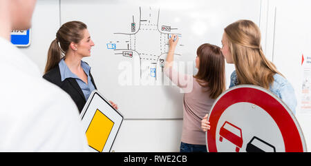 Learner in driving lessons theory explaining traffic situation Stock Photo