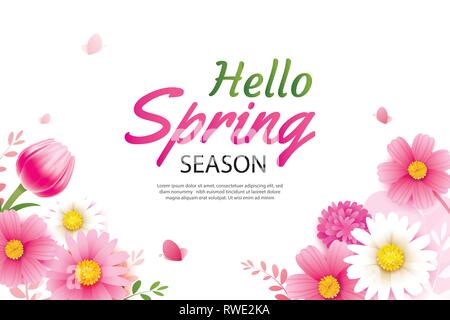 Hello spring greeting card and invitation with blooming flowers background template. Design for decor, flyers, posters, brochure, banner. Stock Vector