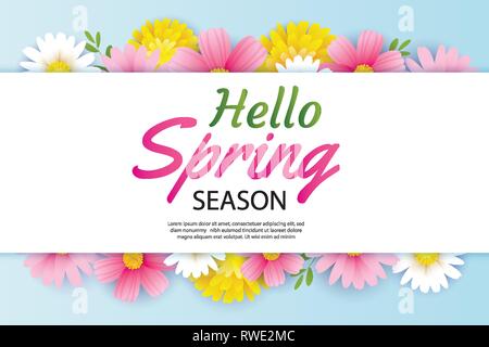 Hello spring greeting card and invitation with blooming flowers background template. Design for cover, flyers, posters, brochure, banner. Stock Vector