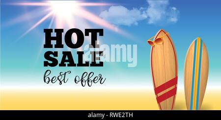 Summer sale design with surf board native graffiti on the blue ocean background with sea life and realistic sun flare. Big sale poster. Stock Vector