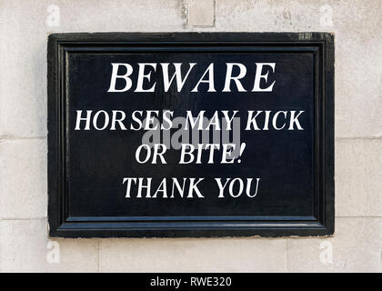Beware Horses May Kick Or Bite Sign, Horse Guards Building, London, England, United Kingdom Stock Photo