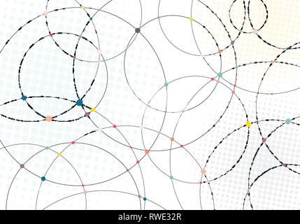 Abstract lines circles and multicolor dots with radial halftone texture on white background. Vector illustration Stock Vector