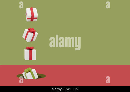 Christmas gift boxes is flying on pink and green backdrop, Minimal style with copy space. Stock Photo