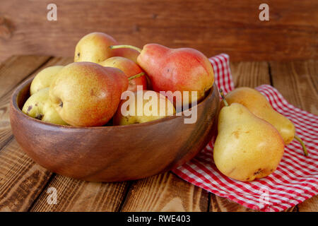 Close Pear Bowl Cup Fresh Pears Red Napkin Rustic Wooden Stock Photo