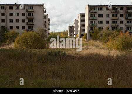 Abandoned apartment blocks at Skrunda-1, former soviet defence settlement, Skrunda, Latvia Stock Photo