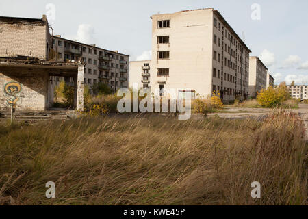 Abandoned apartment blocks at Skrunda-1, former soviet defence settlement, Skrunda, Latvia Stock Photo