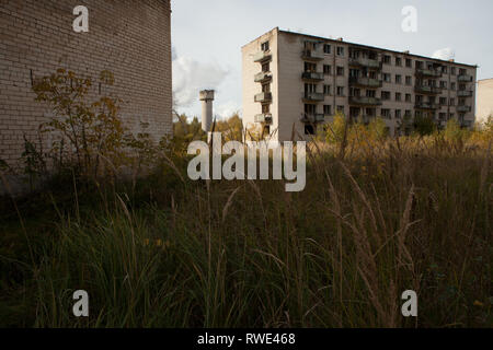 Abandoned apartment blocks at Skrunda-1, former soviet defence settlement, Skrunda, Latvia Stock Photo