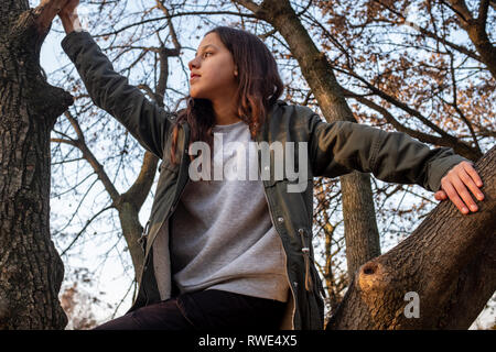 View from below of a caucasian pretty girl with long brown hair, wearing green jacket, standing in tree and looking away Stock Photo