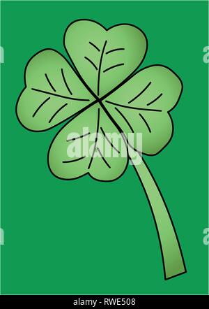 A cute four-leaf clover with black strokes on a bright green background Stock Vector