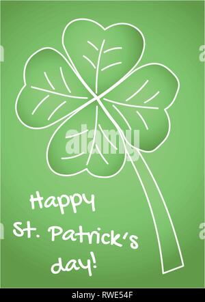 A cute four-leaf clover with white strokes on a bright green background, accompanied by the bold text "Happy St. Patrick's Day" in a playful font Stock Vector