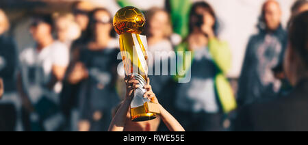Boy Rising Golden Soccer Football Cup. Young Footballer Holding Up a Trophy for Winning Team. Champions of Children Football School Tournament Stock Photo