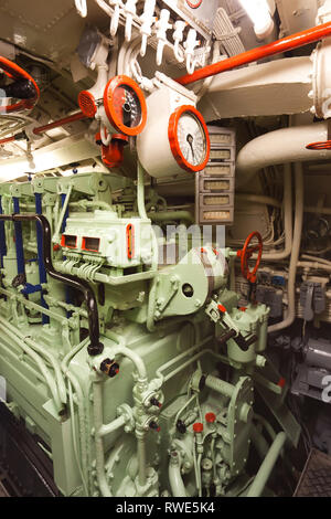 The engine room telegraph of the World War II merchant ship 