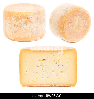 Head (Wheel) of natural hard cheese isolated on white background. Stock Photo