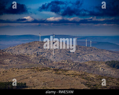 Mountain landscape with wind turbines in Salamanca. Concept of renewable energy Stock Photo