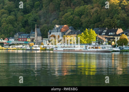 Traben-Trarbach - cruise boat moored in early autumn - Moselle Valley, Germany, Europe Stock Photo