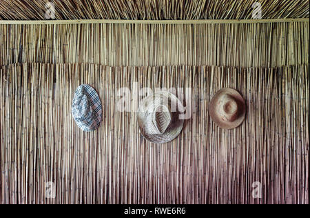 3 old, worn hats symmetrically hanging on the wall of reeds Stock Photo