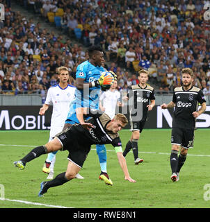 KYIV, UKRAINE - AUGUST 28, 2018: AFC Ajax goalkeeper Andre Onana and captain Matthijs de Ligt defend their net during the UEFA Champions League play-o Stock Photo