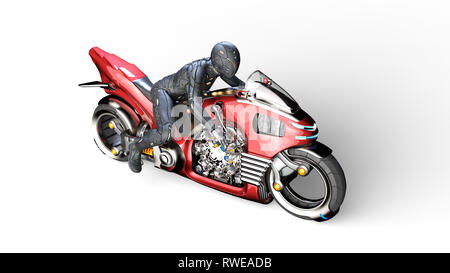 Biker girl with helmet riding a sci-fi bike, woman on red futuristic motorcycle isolated on white background, top view, 3D rendering Stock Photo