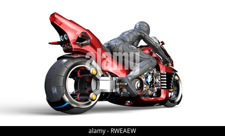Biker girl with helmet riding a sci-fi bike, woman on red futuristic motorcycle isolated on white background, rear view, 3D rendering Stock Photo