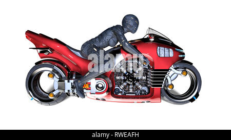 Biker girl with helmet riding a sci-fi bike, woman on red futuristic motorcycle isolated on white background, side view, 3D rendering Stock Photo