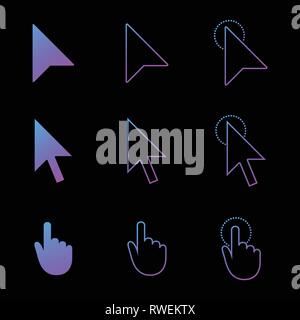 mouse cursor icon set , arrow and hand in modern gradient style. click and link web icons. Vector illustration isolated on black Stock Vector