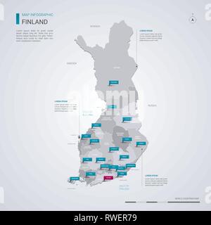 Finland vector map with infographic elements, pointer marks. Editable template with regions, cities and capital Helsinki. Stock Vector