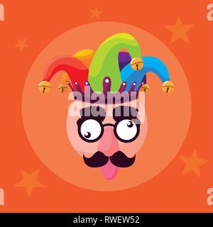 april fools day with crazy face and joker hat vector illustration design Stock Vector