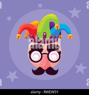 april fools day with crazy face and joker hat vector illustration design Stock Vector