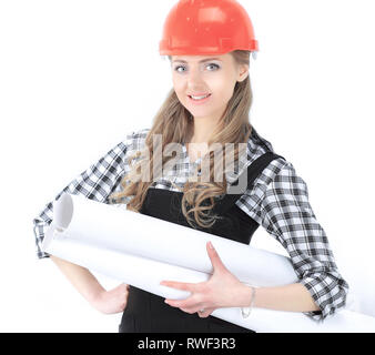 young woman engineer architect with the drawings. Stock Photo