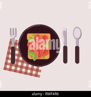 Toast with tomato and avocado served on a plate with fork, knife, spoon and napkin Healthy food Vector illustration Stock Vector