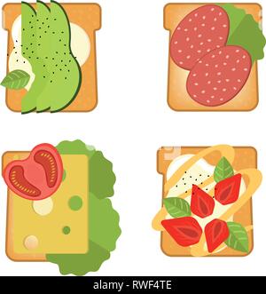 Set of sandwiches with different ingredients Toast with avocado, salami, cheese, salmon, berries, strawberry, fig Healthy food. Vector illustration Stock Vector