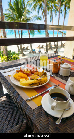 Tropical Resort Breakfast With Turquoise Sea View - Boracay Island, Panay - Philippines Stock Photo