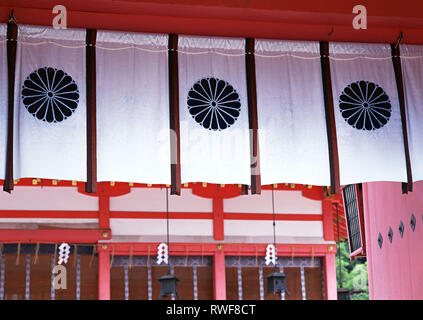 Japanese architectural white display curtains with floral patterns in it background Stock Photo
