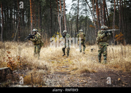 Norwegian Rapid reaction special forces FSK soldiers patrolling in the forest trees. Stock Photo