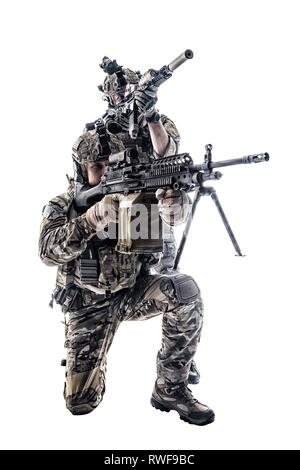 Two Army Rangers in field uniforms with weapons, studio shot. Stock Photo