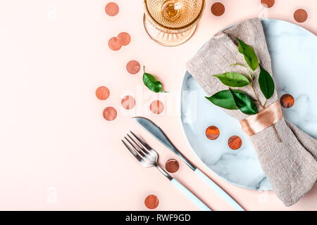 Wedding or festive table setting in natural style. Beautiful arrangement. Stock Photo