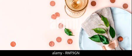 Wedding or festive table setting in natural style. Banner format. Stock Photo