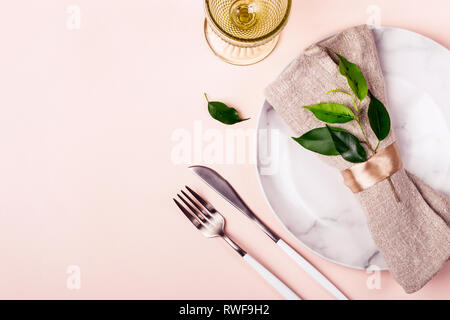 Wedding or festive table setting in natural style. Minimalistic arrangement. Stock Photo