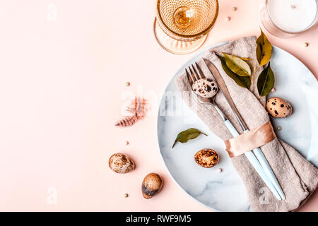 Easter festive table setting in natural style. Beautiful arrangement. Stock Photo